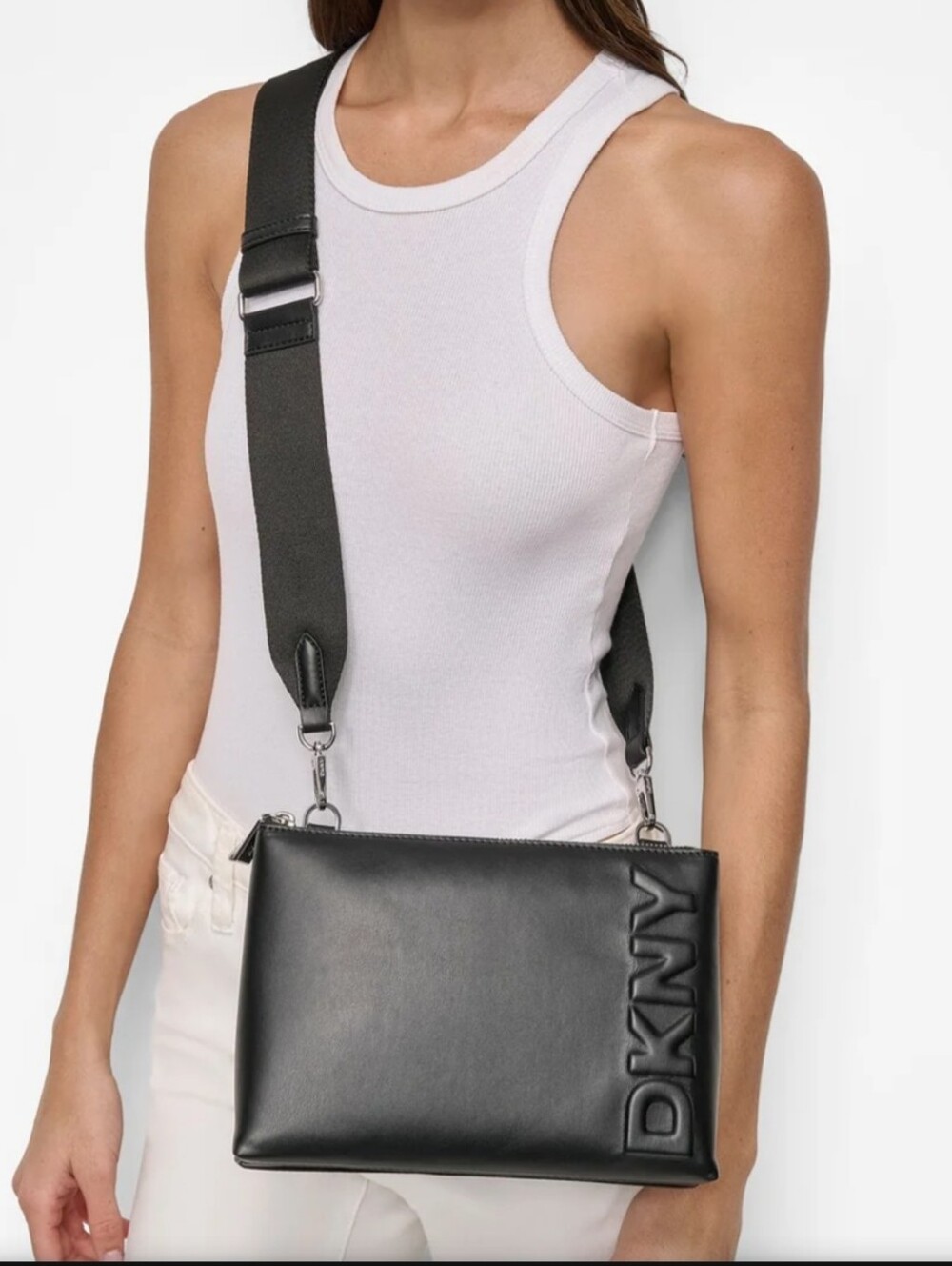 DKNY Tinsley Crossbody with Wide Adjustable Strap Black Faux Leather